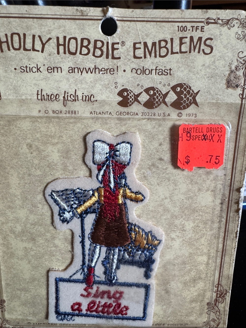 Three Fish Holly Hobbie Embroidered Iron-On Emblem in Red, Brown, Gold